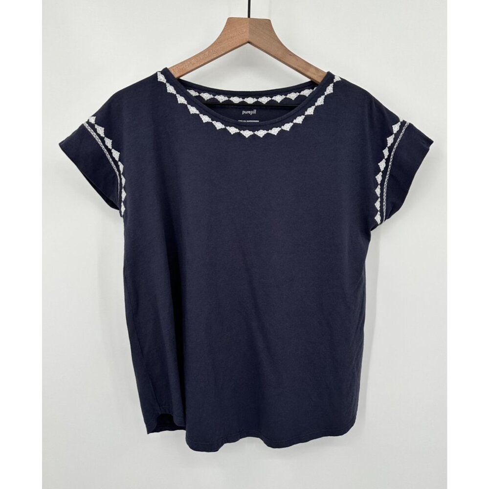 Pure Jill Embroidered Cap Sleeve Tee Women Small Navy Knit Crew Neck